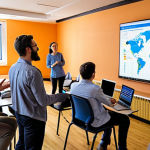 **Image Prompt:** A vibrant and engaging data visualization workshop scene. People are gathered around tables, excitedly discussing charts and graphs. Laptops display colorful dashboards with interactive filters. In the background, a presenter points to a large screen showcasing a map of a local park, highlighting the correlation between park visits and community well-being. The overall atmosphere is collaborative and inspiring.