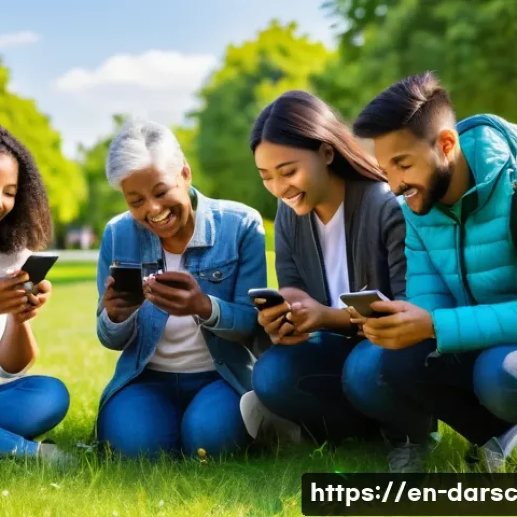시민 참여를 통한 데이터 수집 방법 - A diverse group of community members using smartphones outdoors in an urban park setting, actively p...