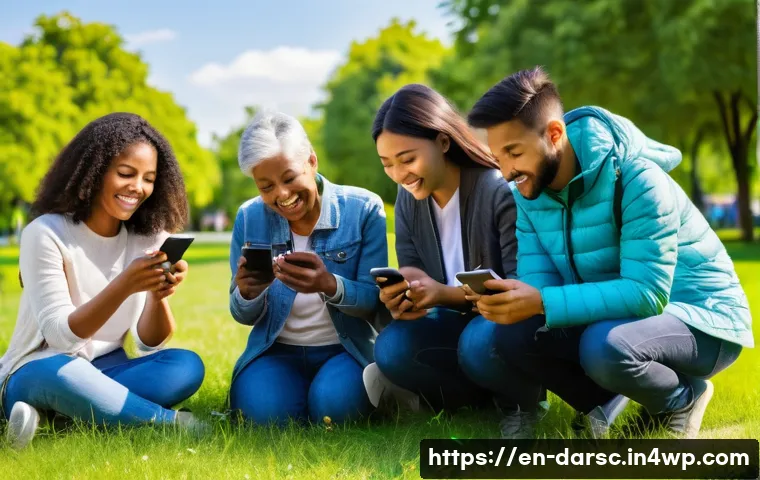 시민 참여를 통한 데이터 수집 방법 - A diverse group of community members using smartphones outdoors in an urban park setting, actively p...