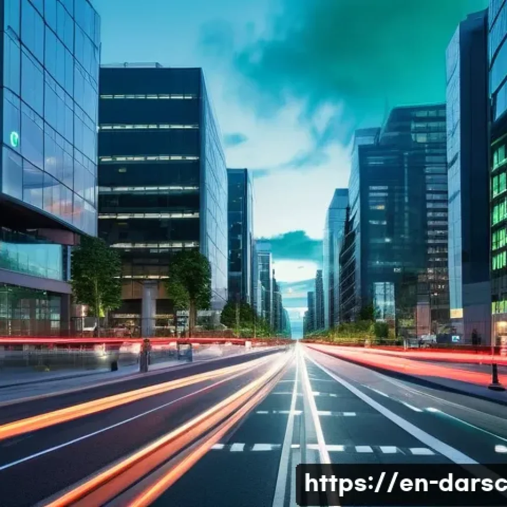 빅데이터 기반의 스마트 시티 구축 - A futuristic smart city street scene at dusk featuring dynamic traffic lights adjusting in real-time...