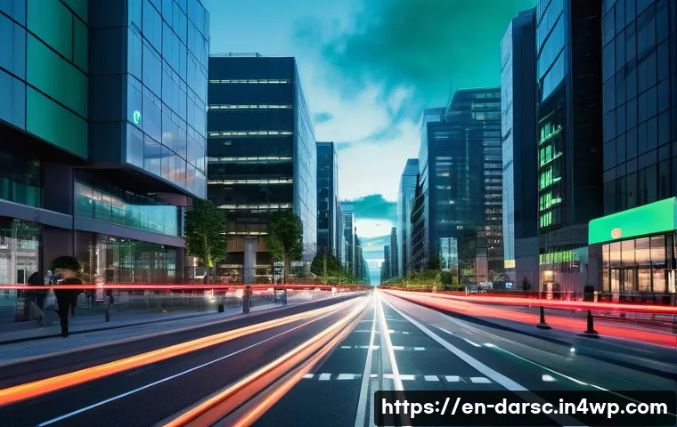 빅데이터 기반의 스마트 시티 구축 - A futuristic smart city street scene at dusk featuring dynamic traffic lights adjusting in real-time...