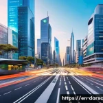 Home 22 일상 속 빅데이터 활용 사례 - A futuristic smart city intersection during rush hour, showcasing dynamic traffic management with gl...