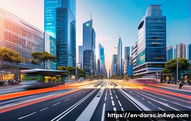 일상 속 빅데이터 활용 사례 - A futuristic smart city intersection during rush hour, showcasing dynamic traffic management with gl...