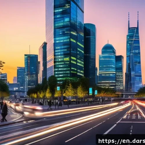 Home 33 빅데이터 시민 활용의 미래 전망 - A bustling modern city street at dusk featuring dynamic traffic management: smart traffic lights adj...