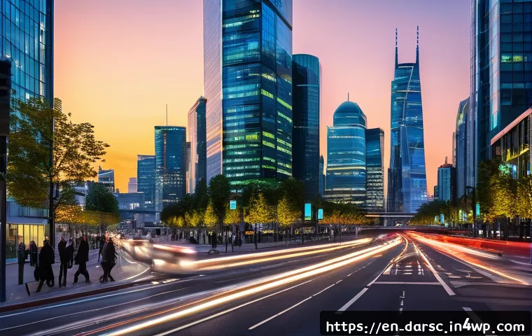빅데이터 시민 활용의 미래 전망 - A bustling modern city street at dusk featuring dynamic traffic management: smart traffic lights adj...