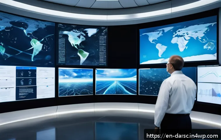 빅데이터 활용을 통한 지속 가능한 사회 - A futuristic climate science laboratory scene showcasing diverse scientists analyzing multiple large...